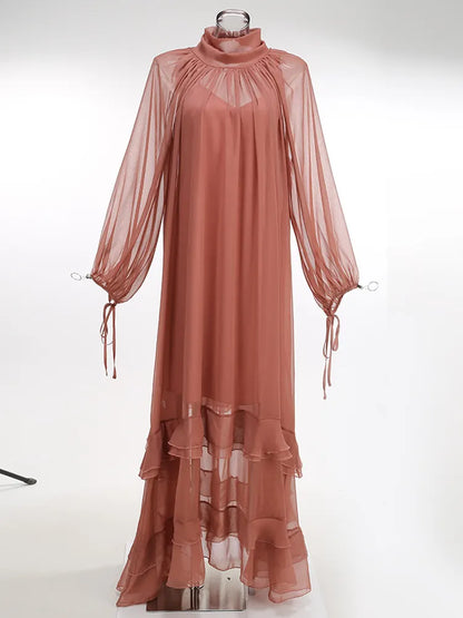 2 Pieces Minimalist Ruffle Mandarin Collar Formal Dress