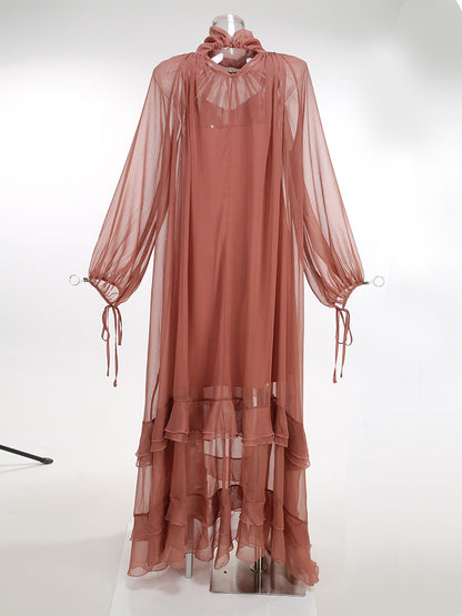 2 Pieces Minimalist Ruffle Mandarin Collar Formal Dress