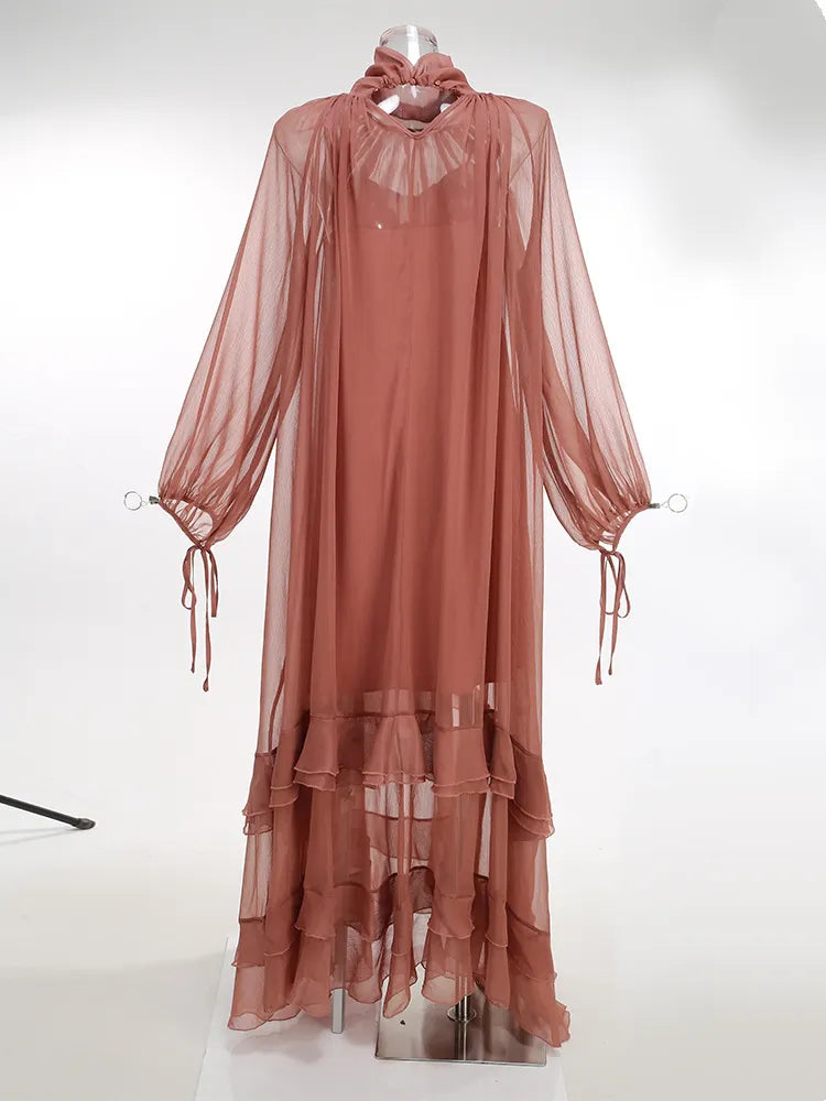 2 Pieces Minimalist Ruffle Mandarin Collar Formal Dress