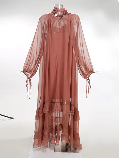2 Pieces Minimalist Ruffle Mandarin Collar Formal Dress