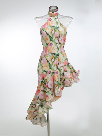 Printed Midi Dress with Irregular Ruffles