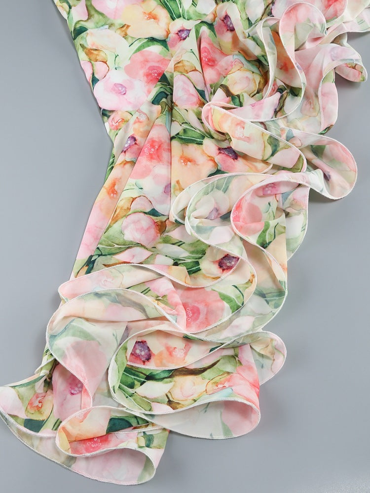 Printed Midi Dress with Irregular Ruffles