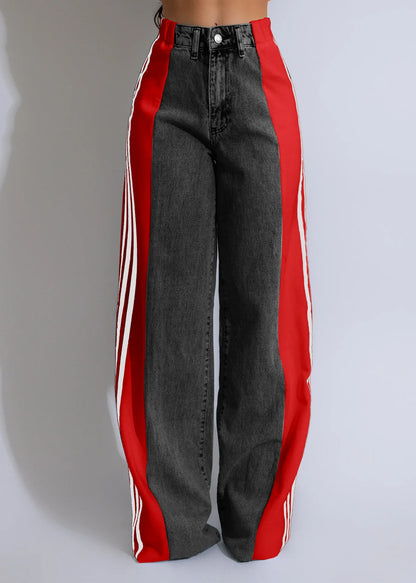 Hot Selling Palazzo Loose Straight Wide Leg Retro Casual Streetwear Three Stripes Jeans High Stretch Denim Jeans Pant for Women