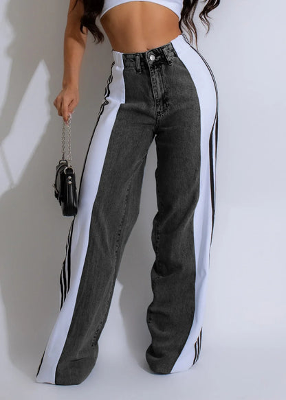 Hot Selling Palazzo Loose Straight Wide Leg Retro Casual Streetwear Three Stripes Jeans High Stretch Denim Jeans Pant for Women