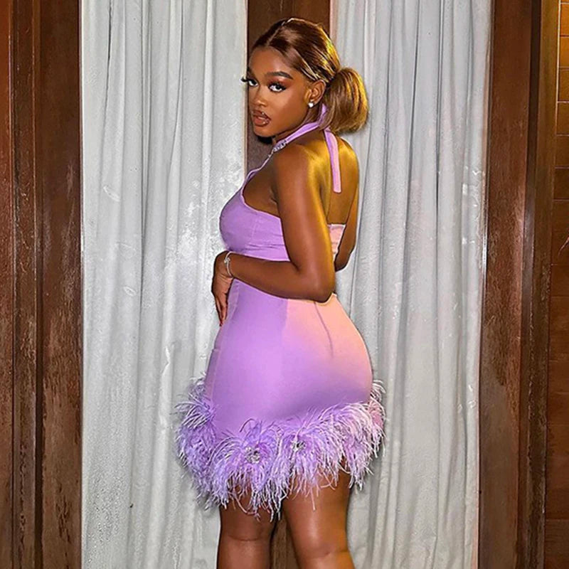 Halter Bandage Mini  Dress Women With Feathers