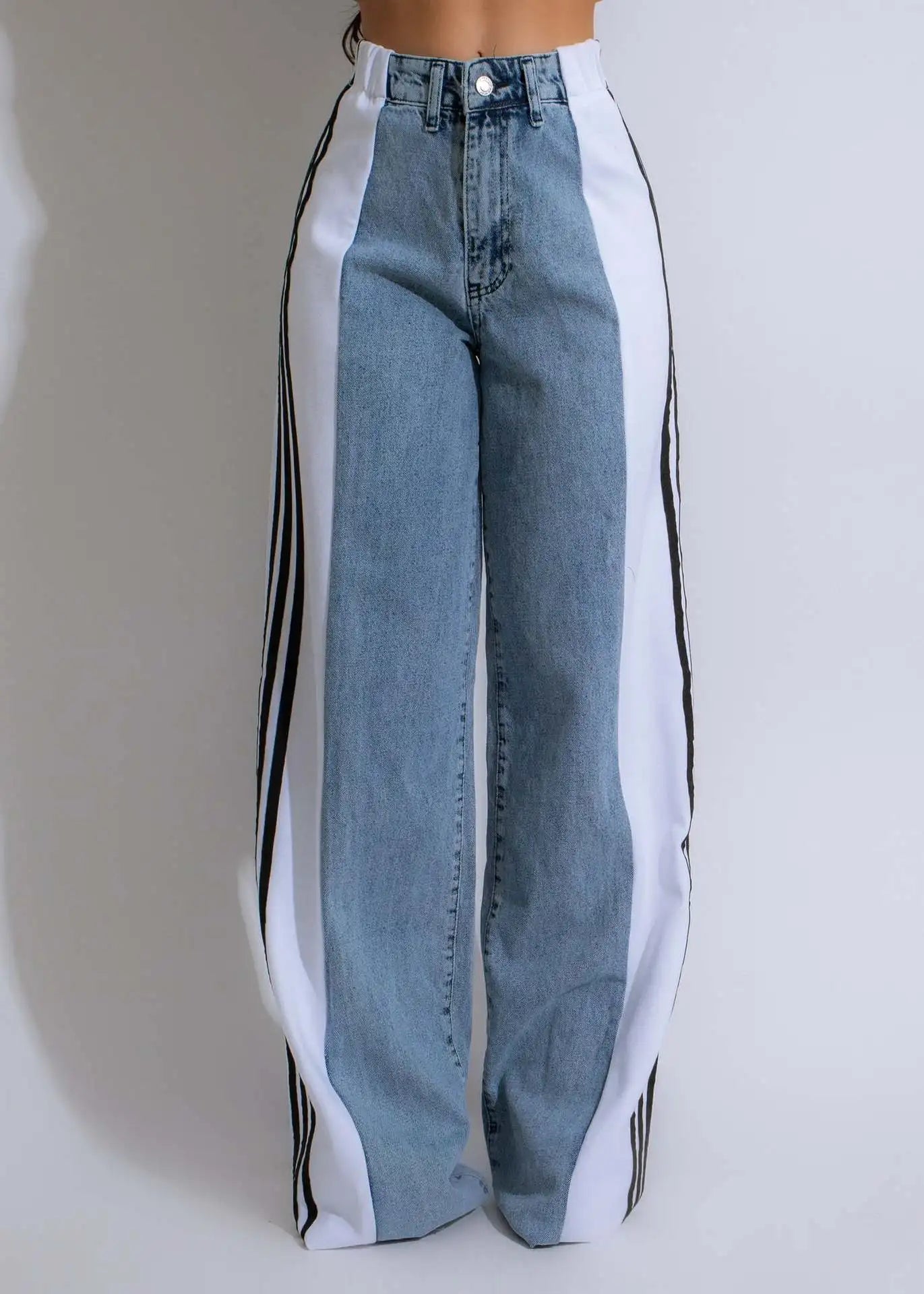 Hot Selling Palazzo Loose Straight Wide Leg Retro Casual Streetwear Three Stripes Jeans High Stretch Denim Jeans Pant for Women