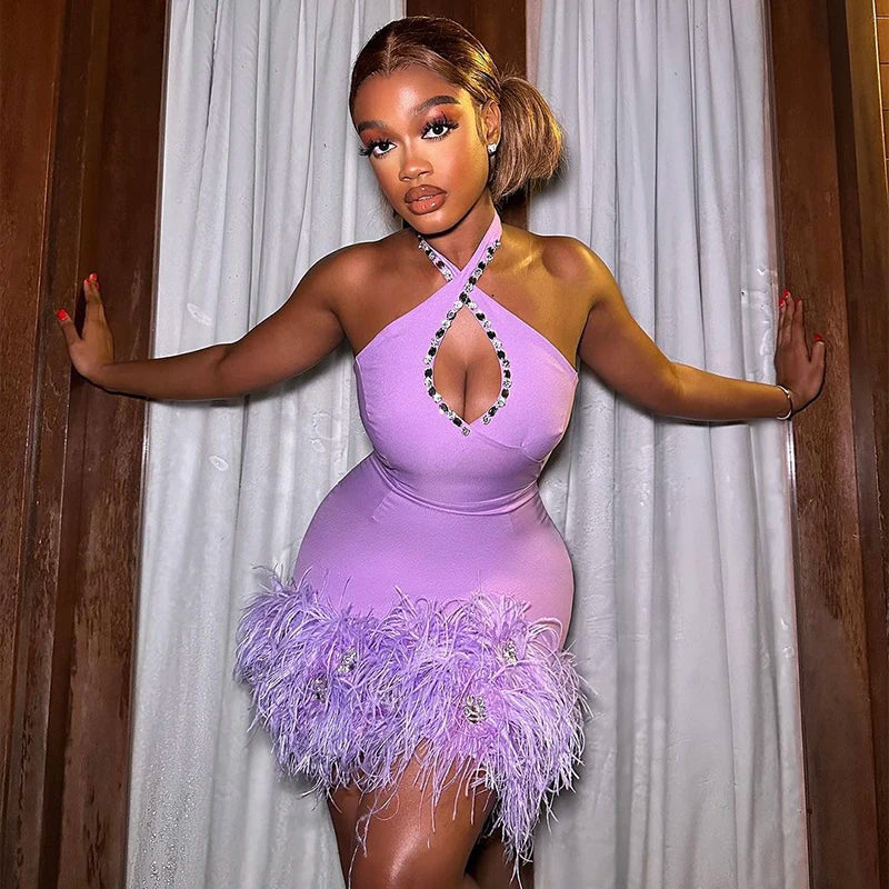 Halter Bandage Mini  Dress Women With Feathers