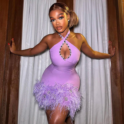 Halter Bandage Mini  Dress Women With Feathers