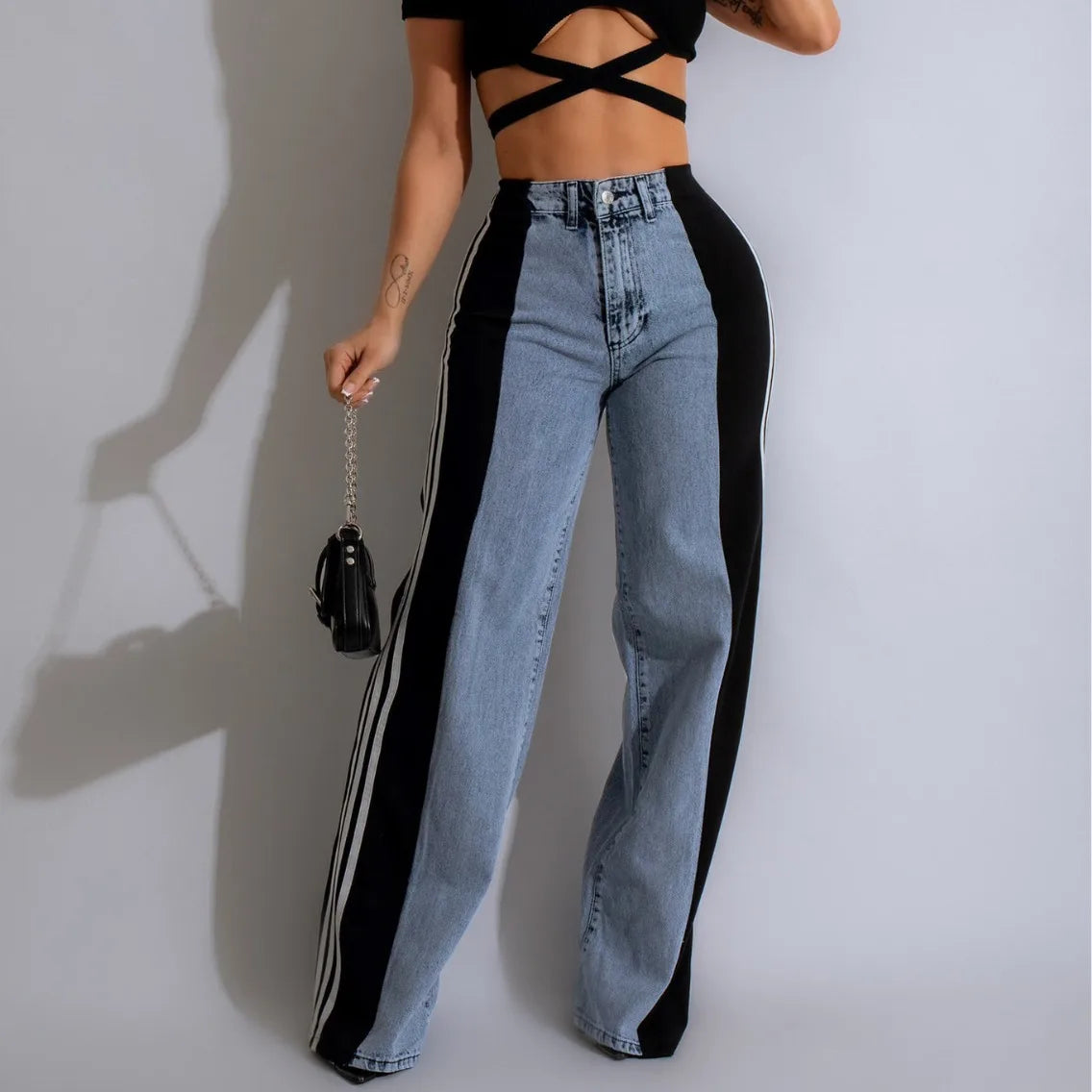 Hot Selling Palazzo Loose Straight Wide Leg Retro Casual Streetwear Three Stripes Jeans High Stretch Denim Jeans Pant for Women