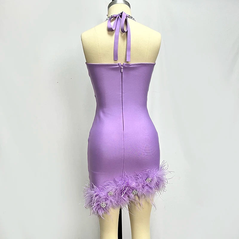 Halter Bandage Mini  Dress Women With Feathers