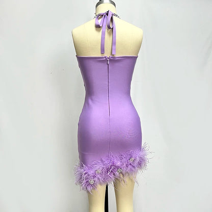 Halter Bandage Mini  Dress Women With Feathers