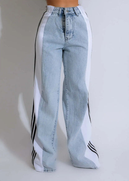 Hot Selling Palazzo Loose Straight Wide Leg Retro Casual Streetwear Three Stripes Jeans High Stretch Denim Jeans Pant for Women