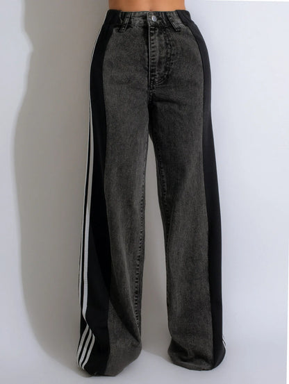 Hot Selling Palazzo Loose Straight Wide Leg Retro Casual Streetwear Three Stripes Jeans High Stretch Denim Jeans Pant for Women