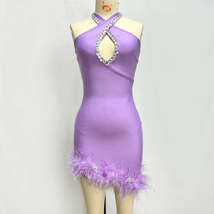 Halter Bandage Mini  Dress Women With Feathers