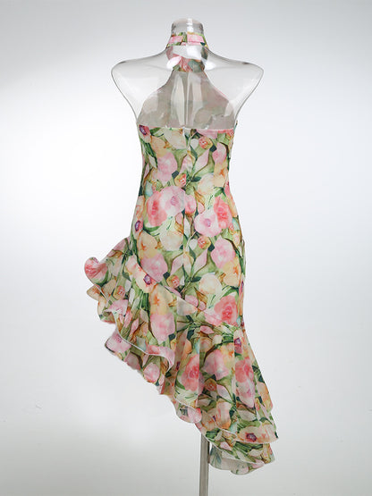 Printed Midi Dress with Irregular Ruffles